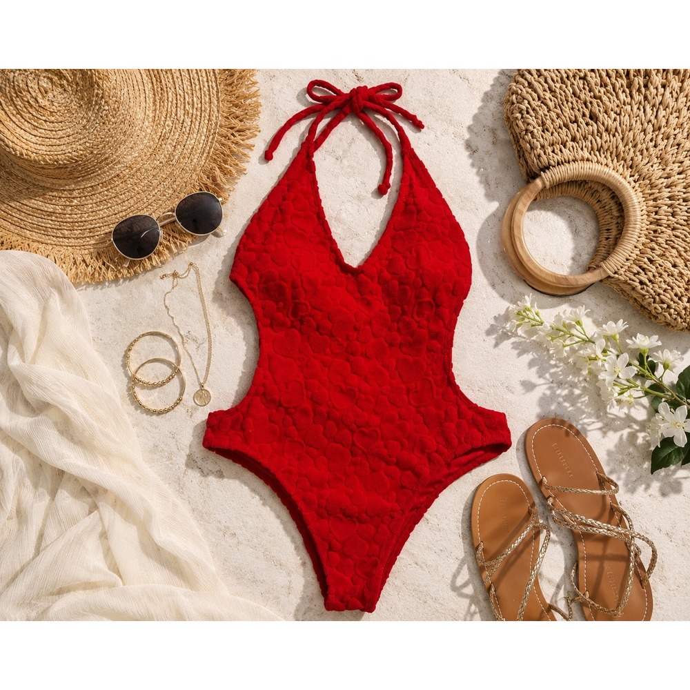 Forever 21 Womens Red Textured Heart Cutout Halter One Piece Swimsuit Large